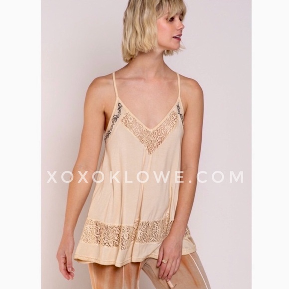 POL Beige Embroidered Lace Inset Sleeveless Racerback Cami Top - Picture 7 of 14